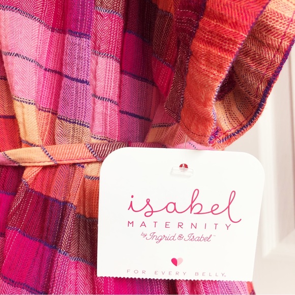 NWT Isabel Maternity Pink Plaid Button Down Tunic w/ Tie Belt Large - Picture 7 of 16